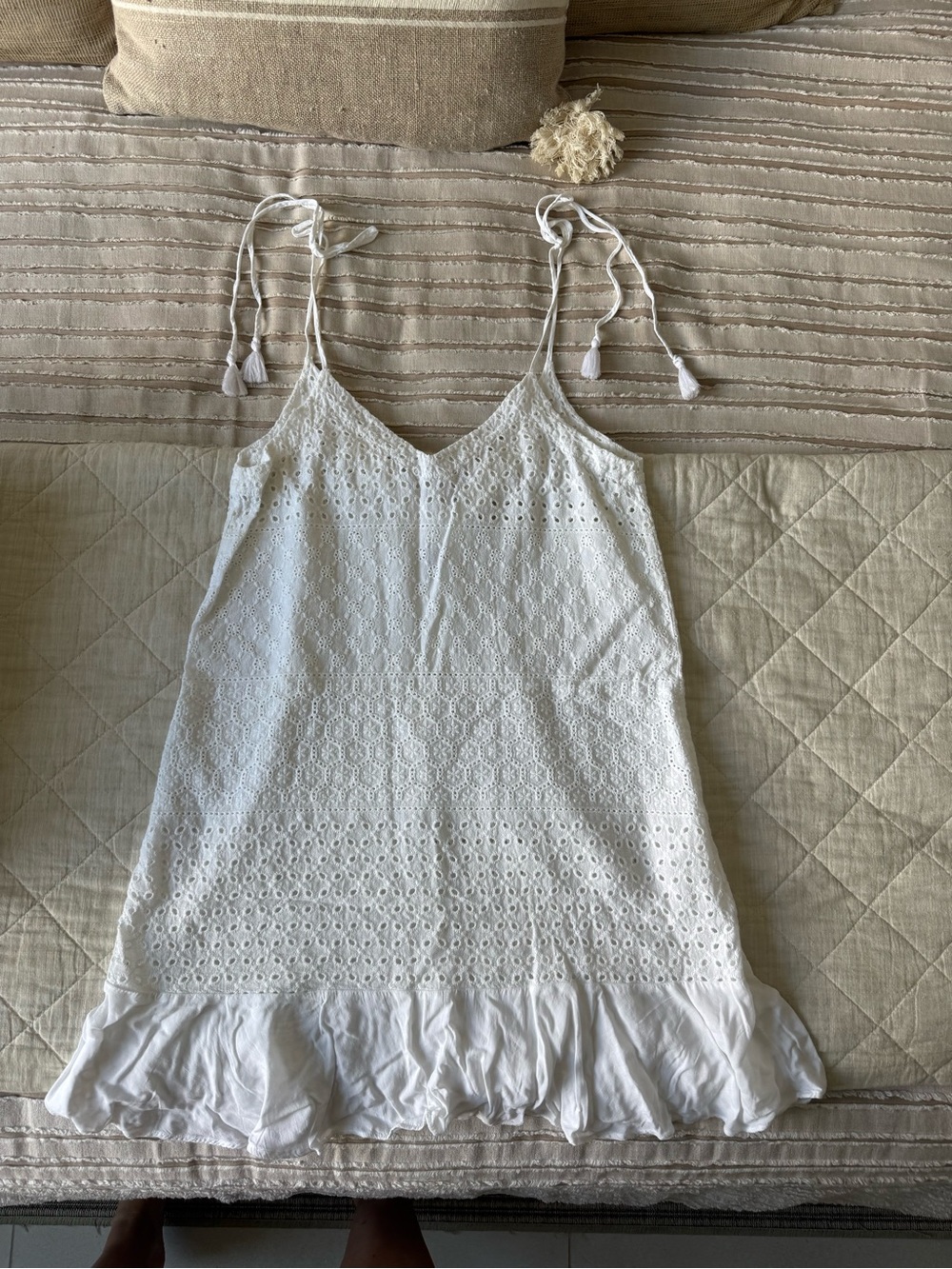 White Eyelet Tie-Shoulder Chemise with Ruffle Hem